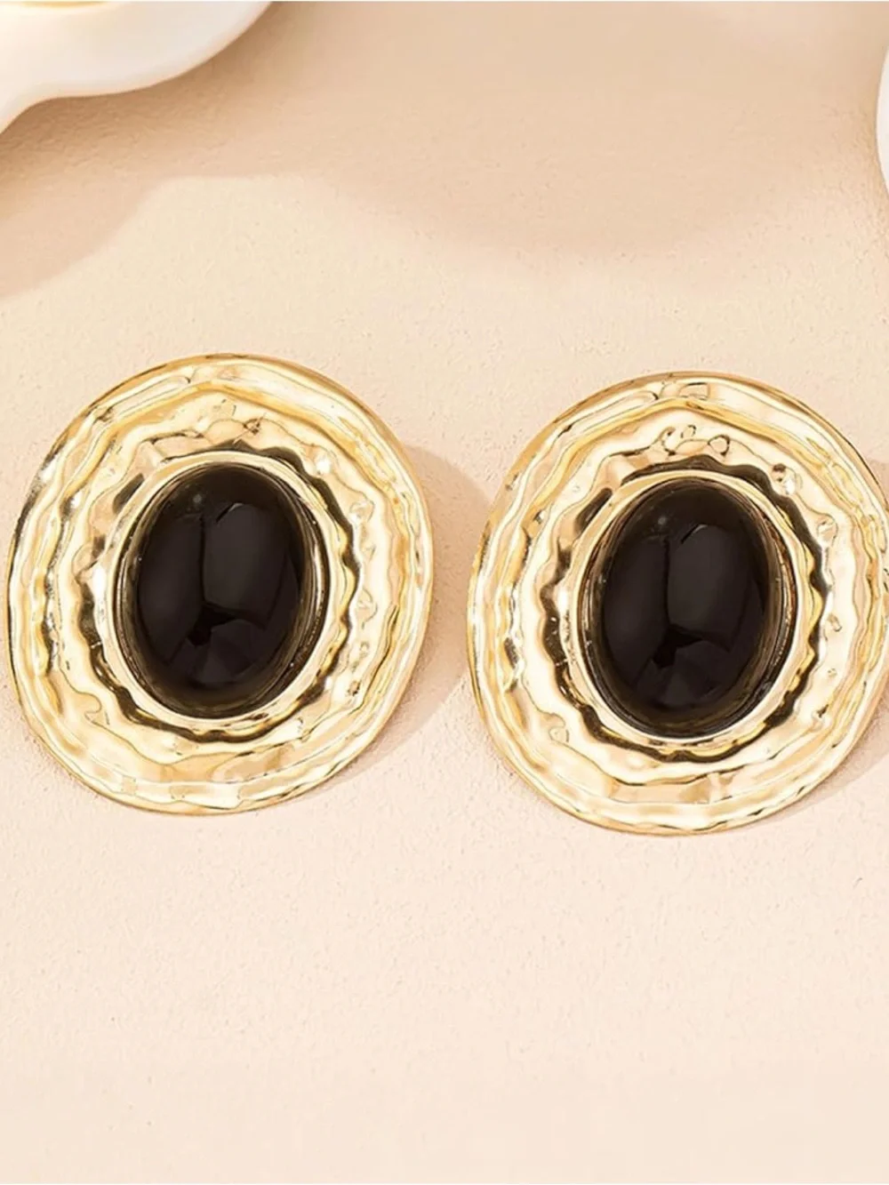 Vintage Oval Gold Earrings with Black Center